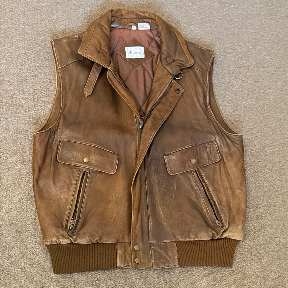 Adam Spencer Distressed Bomber Style Brown Leather Vest Men’s L 42-44